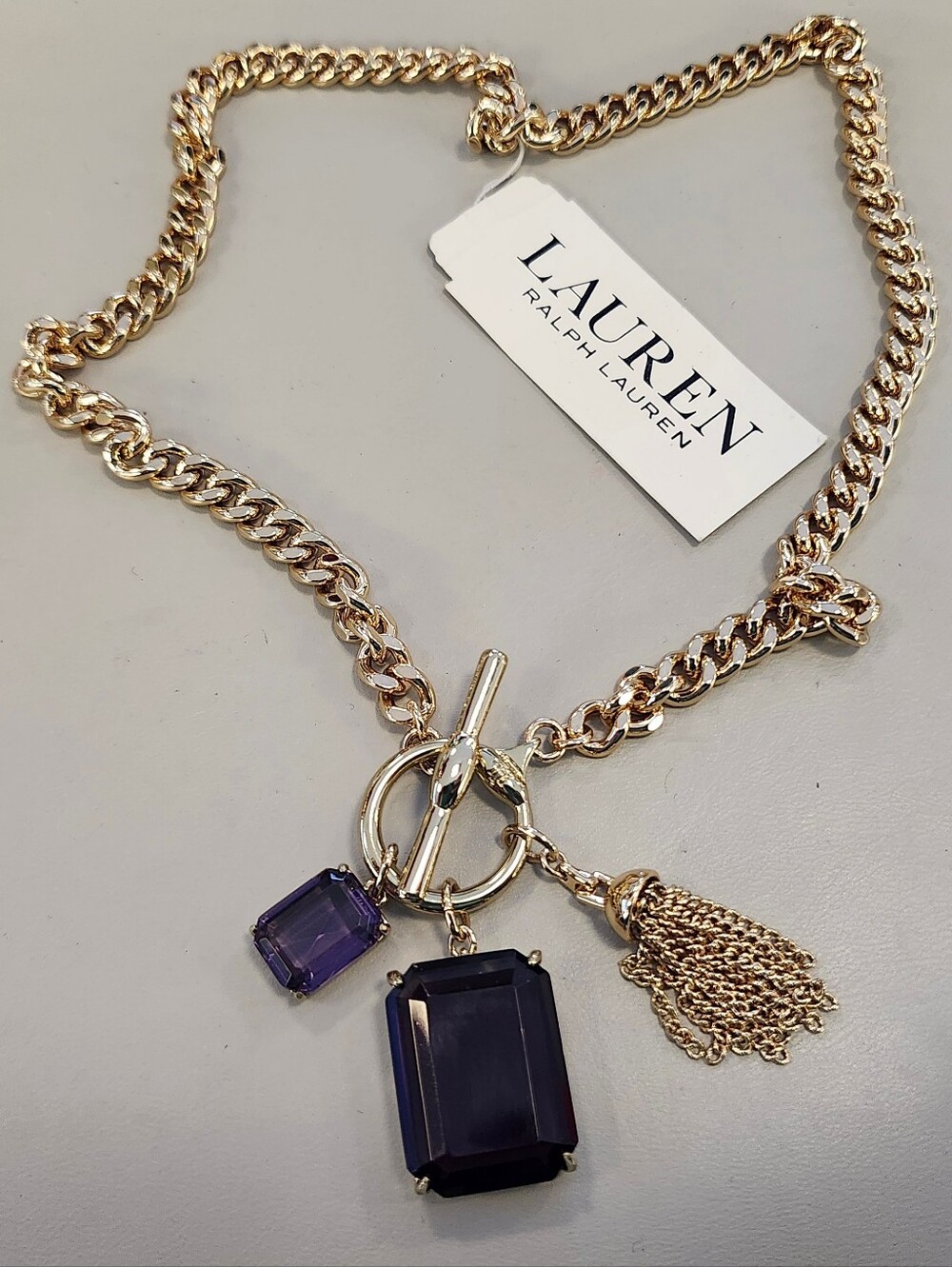 NWT Ralph Lauren Purple Stone/Chain Tassel Multi-Charm Pendant Necklace*DEFECTS*